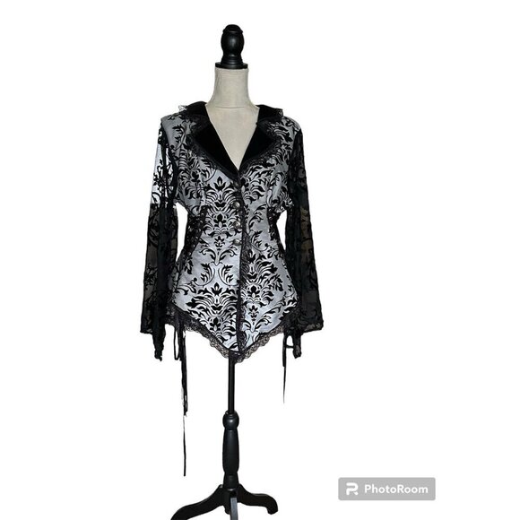 CYKXTEES Creative Brand Corset Blouse Sheer Sleeves Velvet Collar Long Tail - Picture 1 of 16